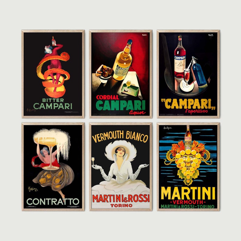 Puede incluir: Seis anuncios vintage para bebidas alcoh&oacute;licas italianas. Los anuncios presentan las marcas Campari, Martini & Rossi y Contratto. Los anuncios est&aacute;n en un estilo retro con colores y tipograf&iacute;a llamativos.