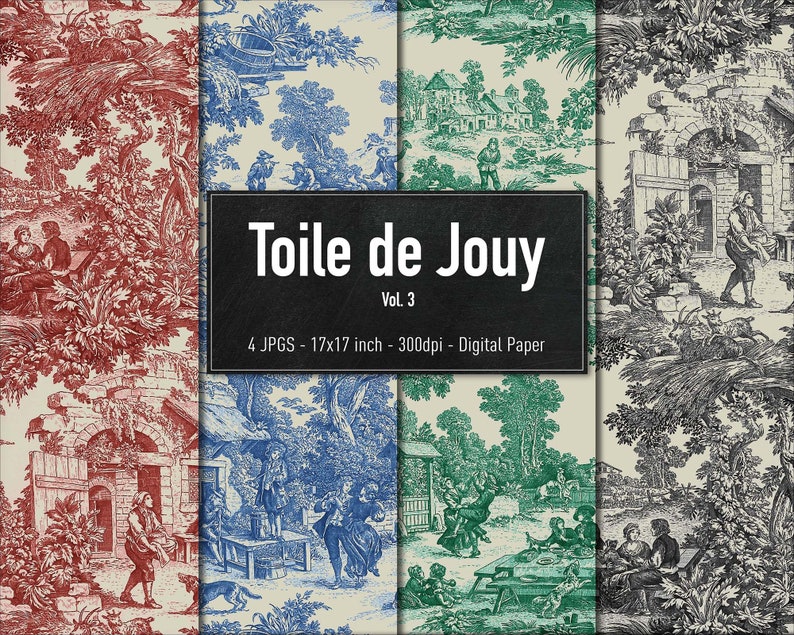 Toile de Jouy, French Fabric Design, Digital Paper, Vol.3, Instant Download image 1