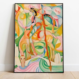 Puede incluir: Una pintura abstracta colorida de una persona montando un caballo. La pintura está realizada en estilo cubista, con formas geométricas y colores brillantes. La persona lleva una camisa a rayas rojas y blancas y un sombrero negro. El caballo es blanco con patas marrones. La pintura está firmada "26-Jan 1921" en la esquina superior derecha.