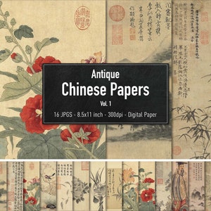 Antike chinesische Papiere, Digitales Papier, Vol.1, Vintage Illustrationen aus dem 17.Jahrhundert, Instant Download