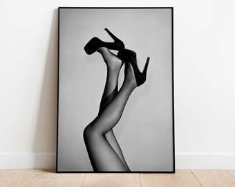 Woman with High Heels, Stylish Luxury Fashion Poster, Downloadable Black and White Art, Wall Decor