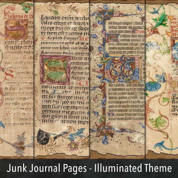 Junk Journal Pages, Illuminated Manuscripts Theme, Vintage Digital Collage Sheets for Scrapbooking, Instant Download