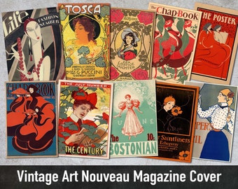 Vintage Art Nouveau Magazine Cover, 45 Vintage Illustrations, Digital Paper, Instant Download