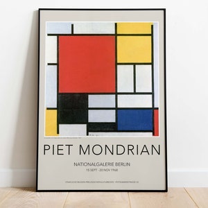 Piet Mondrian Exhibition Poster, Downloadable Art Print, Composition with Large Red Plane, Yellow, Black, Gray and Blue. Instant Download