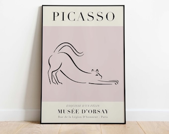 May include: A black and white line drawing of a cat stretching on a pink background. The text "PICASSO" is at the top of the poster. The text "ESQUISSE D'UN FÉLIN MUSÉE D'ORSAY Rue de la Légion d'Honneur - Paris" is at the bottom of the poster.