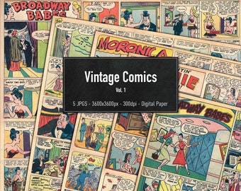 Vintage Comics, 5 Different Images, Vol.2, Digital Paper, Instant Download