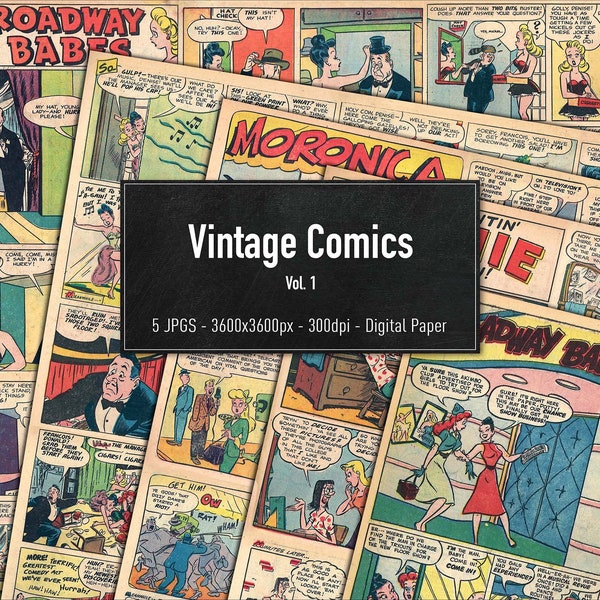 Vintage Comics, 5 Different Images, Vol.2, Digital Paper, Instant Download