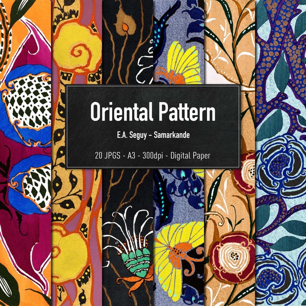 Oriental Patterns, 20 Vintage Illustrations from E.A. Seguy, Printable HiRes Images, Digital Paper, Instant Download
