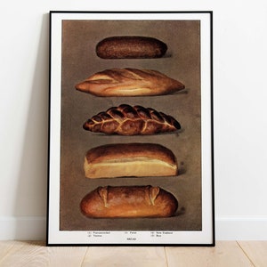 May include: A vintage illustration of five different types of bread, including rye, Vienna, and New England. The illustration is in a brown frame and has the word "BREAD" printed at the bottom.