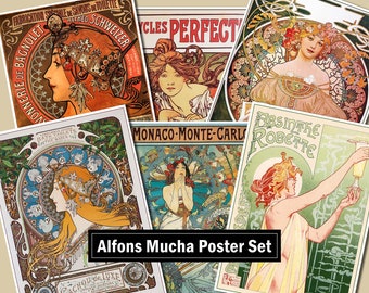 Alfons Mucha, 6 Poster Set, Printable Vintage Art Nouveau Poster, Instant Download