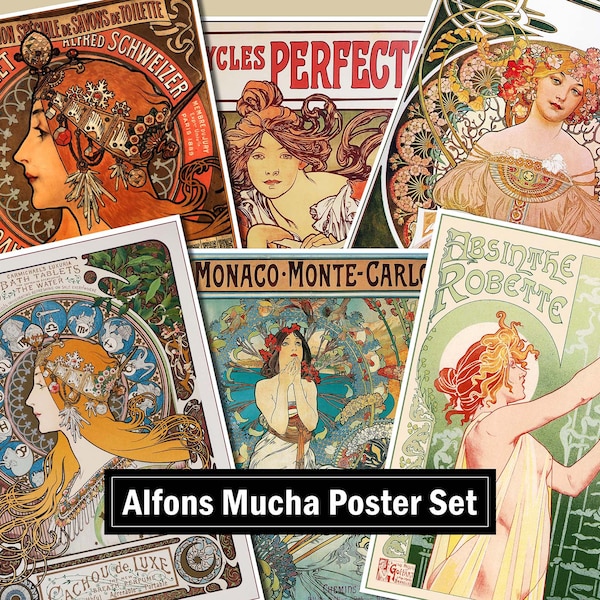 Alfons Mucha, zestaw 6 plakatów, plakat w stylu vintage do druku, Instant Download