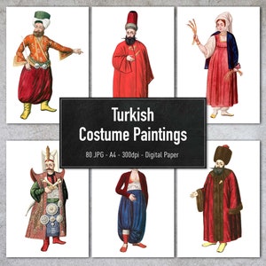 Vintage Turkish Costume Paintings, 80 Vintage Illustrations, Printable Images, Digital Paper, Instant Download