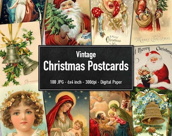 100 Vintage Christmas Postcards, Printable Illustrations, Digital Paper, Instant Download
