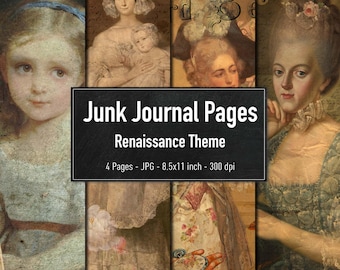 May include: Four digital collage sheets featuring Renaissance-themed images. Each sheet features a different portrait of a woman in a vintage style. The text "Junk Journal Pages Renaissance Theme 4 Pages - JPG - 8.5x11 inch - 300 dpi" is displayed on the collage sheets.