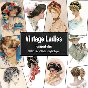 Signore vintage, Harrison Fisher, 50 illustrazioni vintage, carta digitale, download istantaneo
