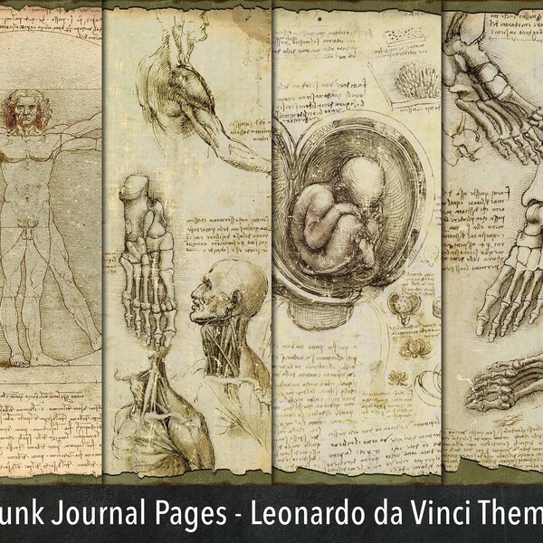 Junk Journal Pages, Thème Leonardo da Vinci, Feuilles de collage numériques vintage pour Scrapbooking, Téléchargement instantané