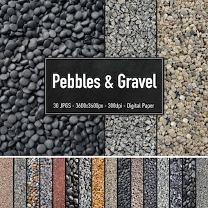 May include: A digital paper pack featuring 30 seamless patterns of various pebbles and gravel. The patterns include black pebbles, grey gravel, and multi-coloured pebbles. The text "Pebbles & Gravel" is displayed on a black chalkboard.