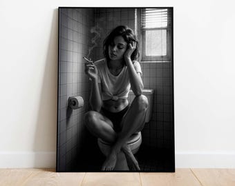 Smoking Woman in Bathroom, Female Downloadable Black and White Poster, Printable Fashion Wall Art, Instant Download