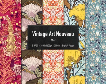 Papel digital con motivos Art Nouveau vintage, William Morris, vol. 3, descarga instantánea