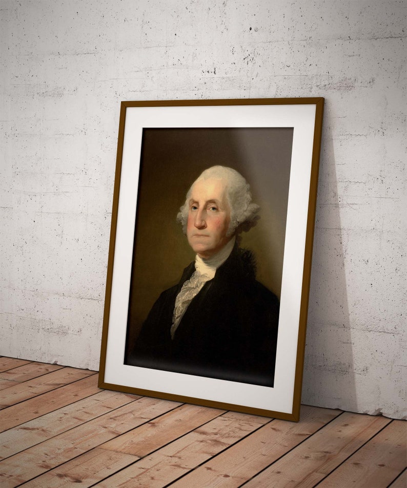 May include: A framed portrait of George Washington, the first president of the United States. The portrait is painted in a traditional style, with Washington wearing a black suit and a white cravat. The background is a dark brown.