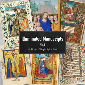 Peut inclure: Une collection de 40 images numériques de papier représentant des manuscrits enluminés. Les images sont de styles variés, notamment des scènes religieuses, des portraits et des pages de texte. Les images sont toutes en haute résolution et sont parfaites pour une utilisation dans le scrapbooking numérique, la fabrication de cartes et d'autres projets créatifs.