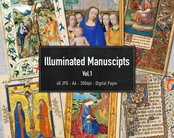 Illuminated Manuscripts Vol.1, Medieval Vintage Printable Illustrations, 40 Pages Digital Paper, Instant Download
