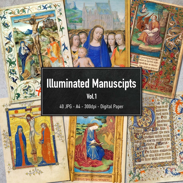Manuscrits enluminés Vol.1, illustrations médiévales imprimables vintage, 40 pages papier numérique, téléchargement immédiat
