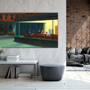 May include: A painting of a diner scene at night. The diner is lit up with yellow lights and there are four people sitting at the counter. The painting is framed and hanging on a wall.