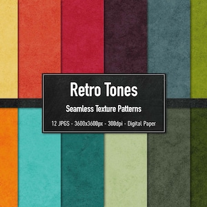 May include: Twelve digital paper textures in a variety of retro colours, including yellow, orange, red, green, blue, and brown. Each texture is 3600 x 3600 pixels and 300 dpi. The text "Retro Tones Seamless Texture Patterns 12 JPGS - 3600x3600px - 300dpi - Digital Paper" is displayed on a black background.