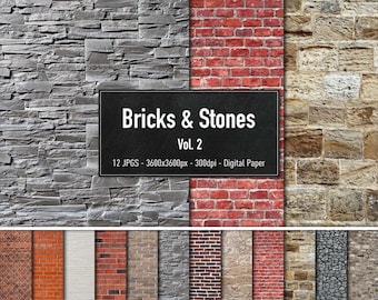 May include: A digital paper pack featuring 12 high-resolution images of different brick and stone textures. The images are 3600 pixels by 3600 pixels and 300 dpi. The pack includes a variety of brick and stone textures, including red brick, gray stone, and brown stone.