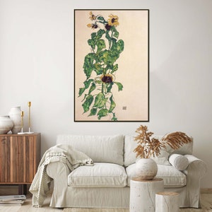 May include: A painting of a sunflower plant with green leaves and yellow flowers. The plant is depicted in a stylized manner, with the leaves and flowers arranged in a flowing, organic pattern. The painting is done in a muted palette of greens, yellows, and browns.