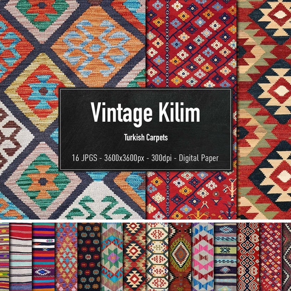 Vintage Kilim, Original Turkish Rugs, 16 Different Carpet Images, Digital Paper, Instant Download