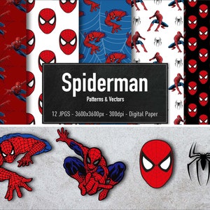 Spiderman Pattern & Vector Clipart, 12 Different Images, 8 Cliparts, eps-svg-dxf-png,  Digital Paper, Instant Download.