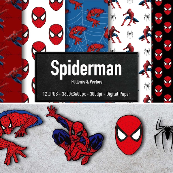 Spiderman Pattern & Vector Clipart, 12 Different Images, 8 Cliparts, eps-svg-dxf-png,  Digital Paper, Instant Download.