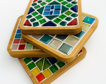 Handmade Mosaic Coasters for Drinks and Beverages | Set of 4 Pieces Made of Glass Mosaic Tiles on a Wooden Base | Square 3.5”X3.5”