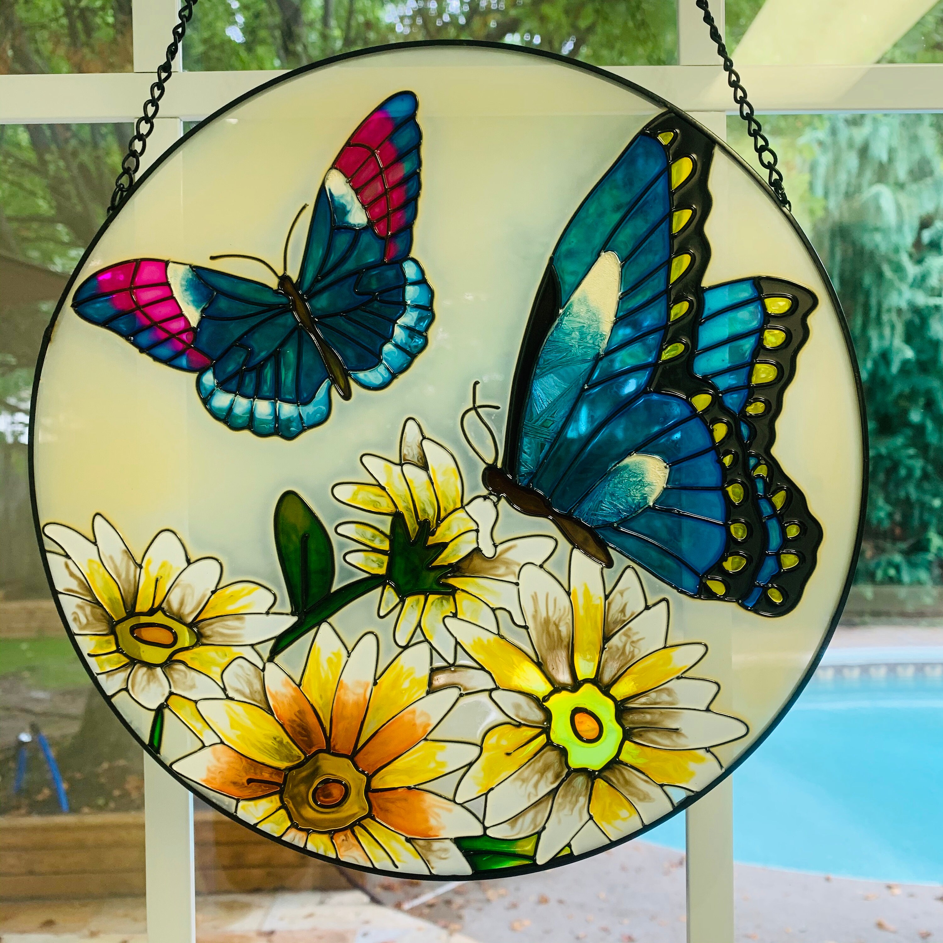 Hand Crafted Stained Glass Decorative Painted Window Hangings Round Suncatcher with a Butterfly