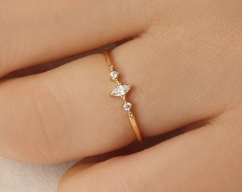 Marquise Diamond 14K Solid Gold Ring, Minimalist Delicate Band