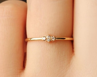 14k Gold Minimalist Diamond Ring, Cluster Everyday Stacking Band