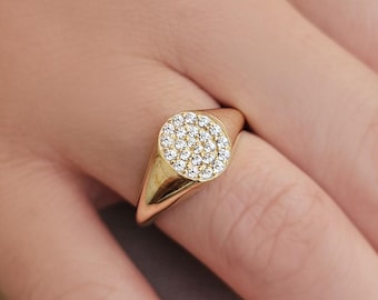 Diamond Signet Ring 14K Solid Gold, Oval Pave Pinky Ring