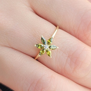 Peridot Flower Ring with Diamond in 14K Solid Gold, August Birthstone Cluster Ring
