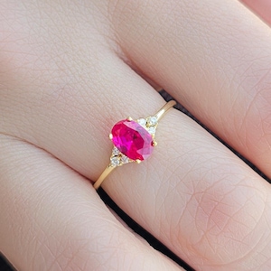 Oval Ruby Diamond 14K Solid Gold Ring, July Birthstone Promise Ring