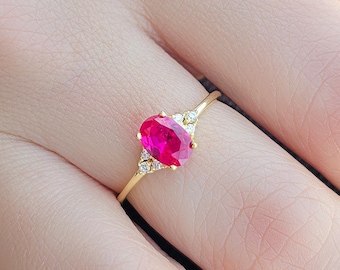 Oval Ruby Diamond 14K Solid Gold Ring, July Birthstone Promise Ring