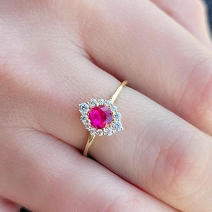 14K Gold Engagement Ruby Diamond Ring, Red Gemstone Ring Women, Vintage Statement Ring Solid Gold, July Birthstone Jewelry, Christmas Gift