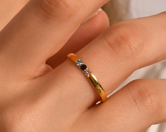 14K Gold Personalized Birthstone Ring for Women, Custom Stacking Multi Birthstone Band