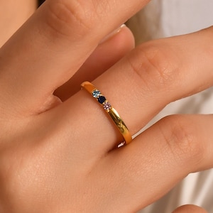 14K Gold Personalized Birthstone Ring for Women, Custom Stacking Multi Birthstone Band