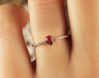14K Solid Gold Pear Ruby Diamond Ring, Vintage July Birthstone Band