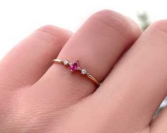 14K Solid Gold Ruby Diamond Ring, Marquise Minimalist Band