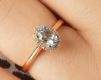 Aquamarine and Diamond Ring, 14K Gold Ring, Dainty Aquamarine Ring, Rings for Women, Promise Ring, Engagement Ring, Bridesmaid Gift