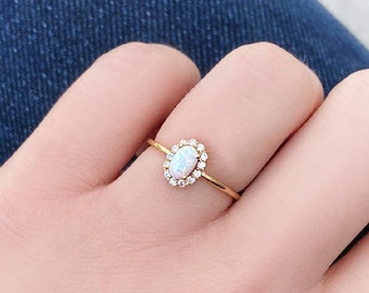 Dainty Opal Diamond Ring, Opal Ring, Opal Engagement Ring, 14K Solid Gold Opal Ring, October Birthstone, Best Friend Gift, Valentines Day