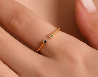 Birthstone Personalized 14K Gold Ring, Valentine's Ring, Family Dual Birthstone Ring, Square Band Personalized Dainty Ring, Christmas Gift